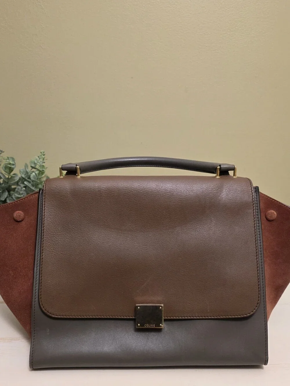 Celine | Tricolor Brown Leather And Rust Suede Medium Trapeze Bag - Picture 2 of 16